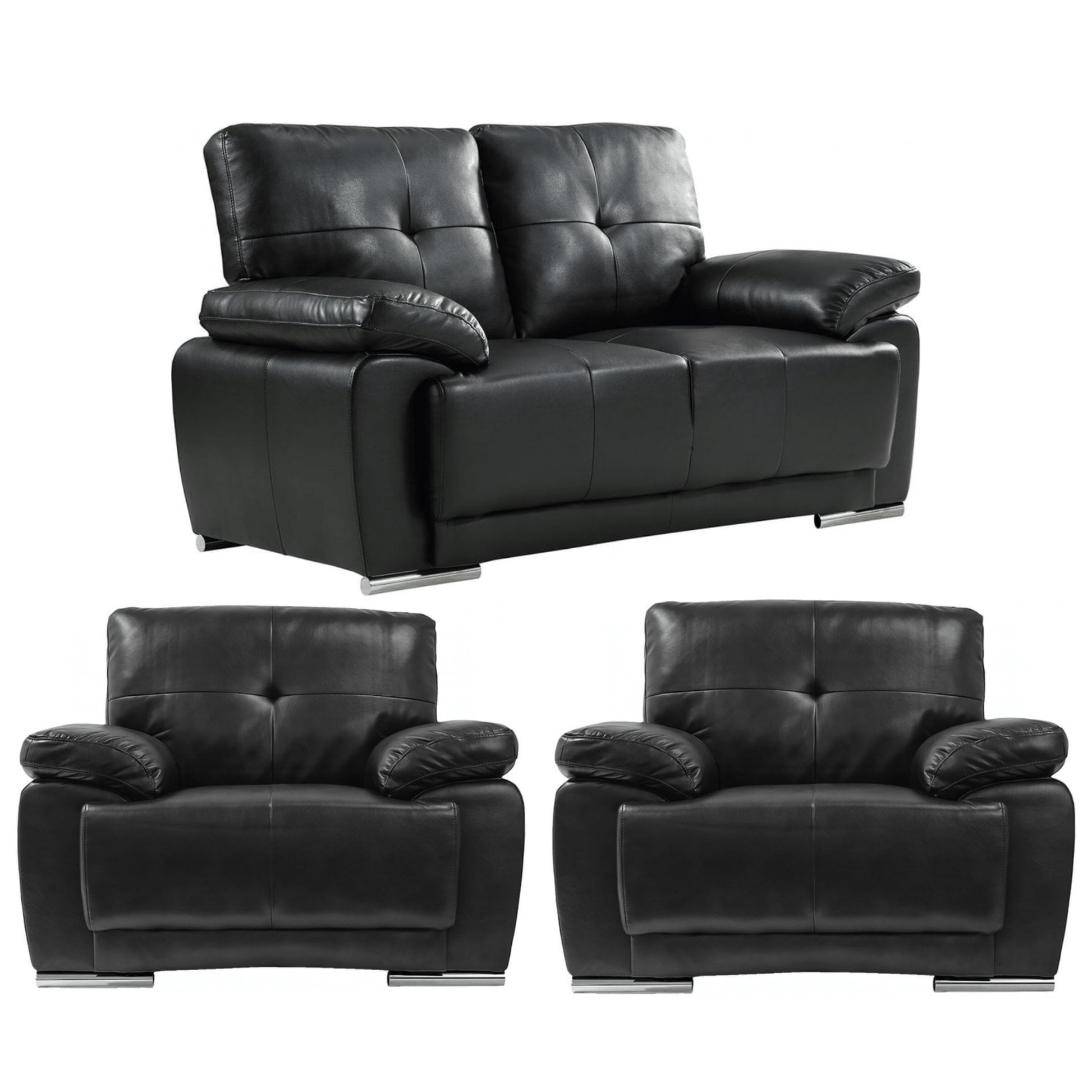 Black leather sofa set with two armchairs on a white background