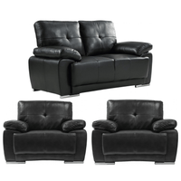 Black leather sofa set with two armchairs on a white background