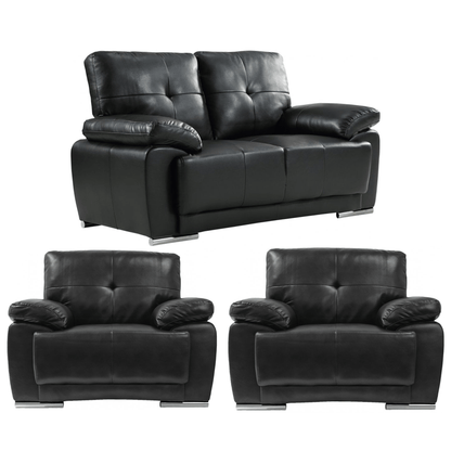 Black leather sofa set with two armchairs on a white background