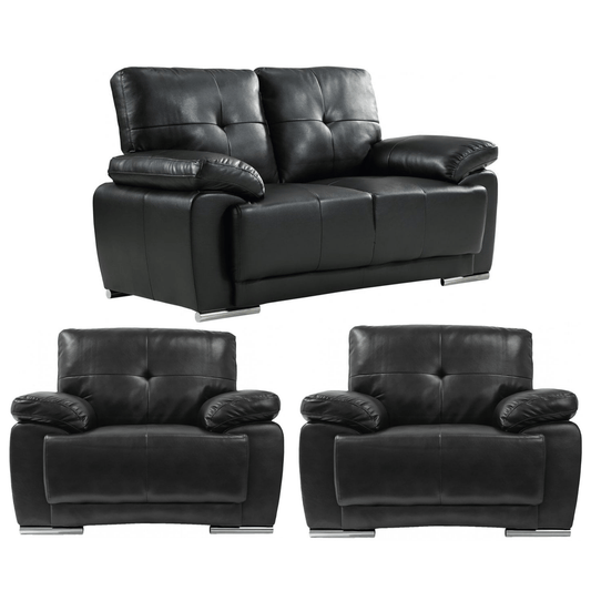 Black leather sofa set with two armchairs on a white background