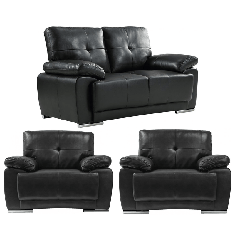 Black leather sofa set with two armchairs on a white background