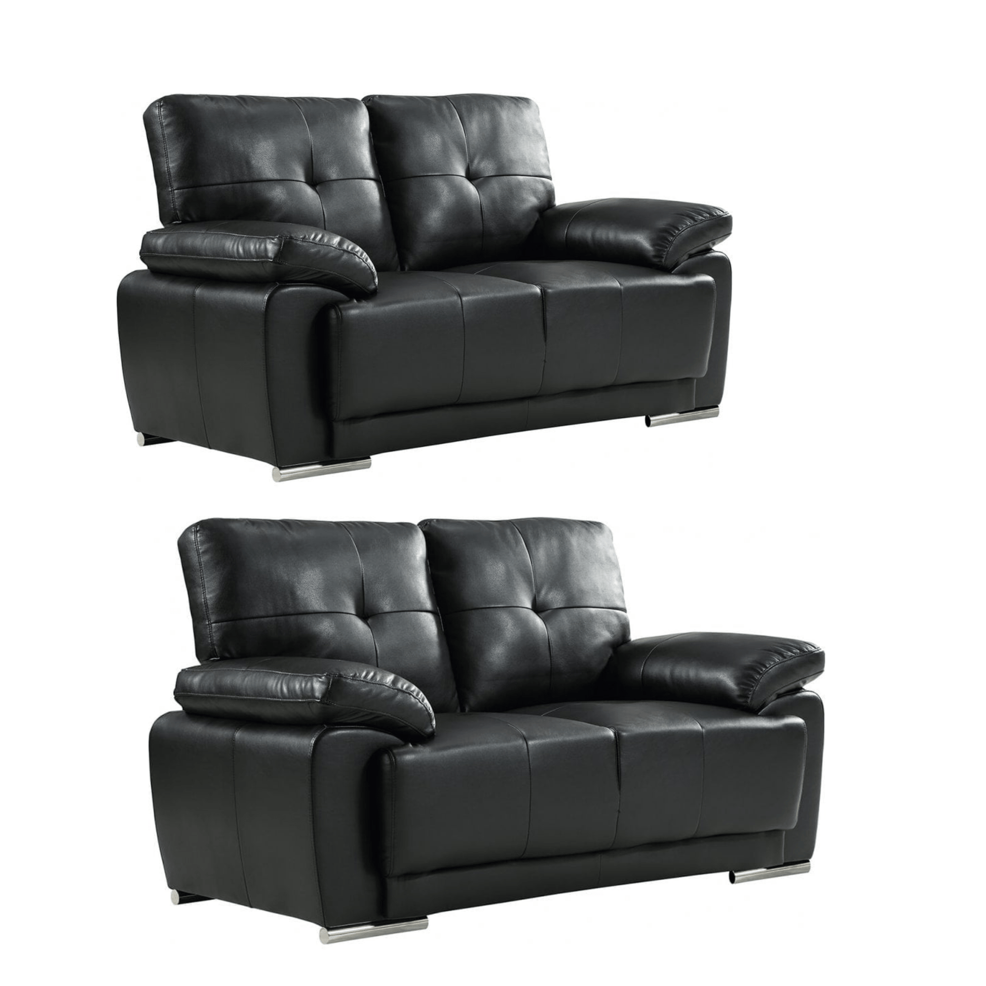 Two black leather sofas on a white background