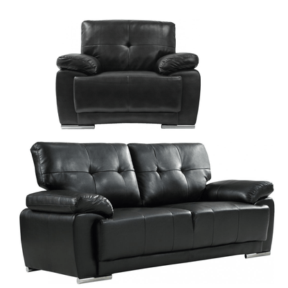 Black leather armchair and sofa set on a white background
