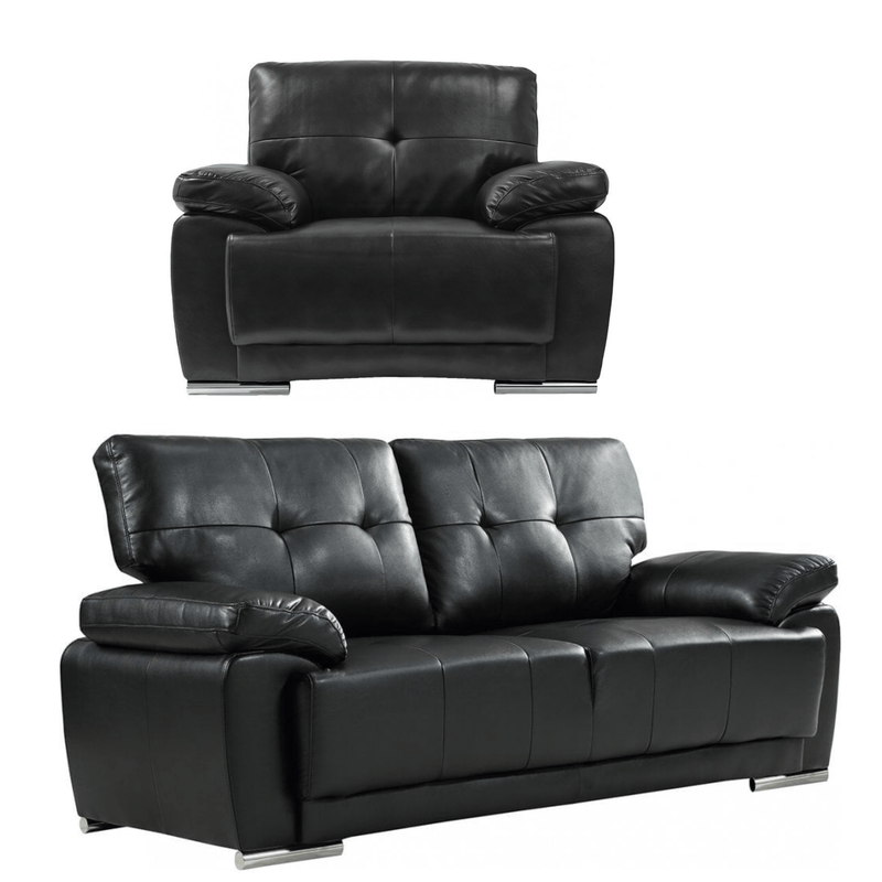 Black leather armchair and sofa set on a white background