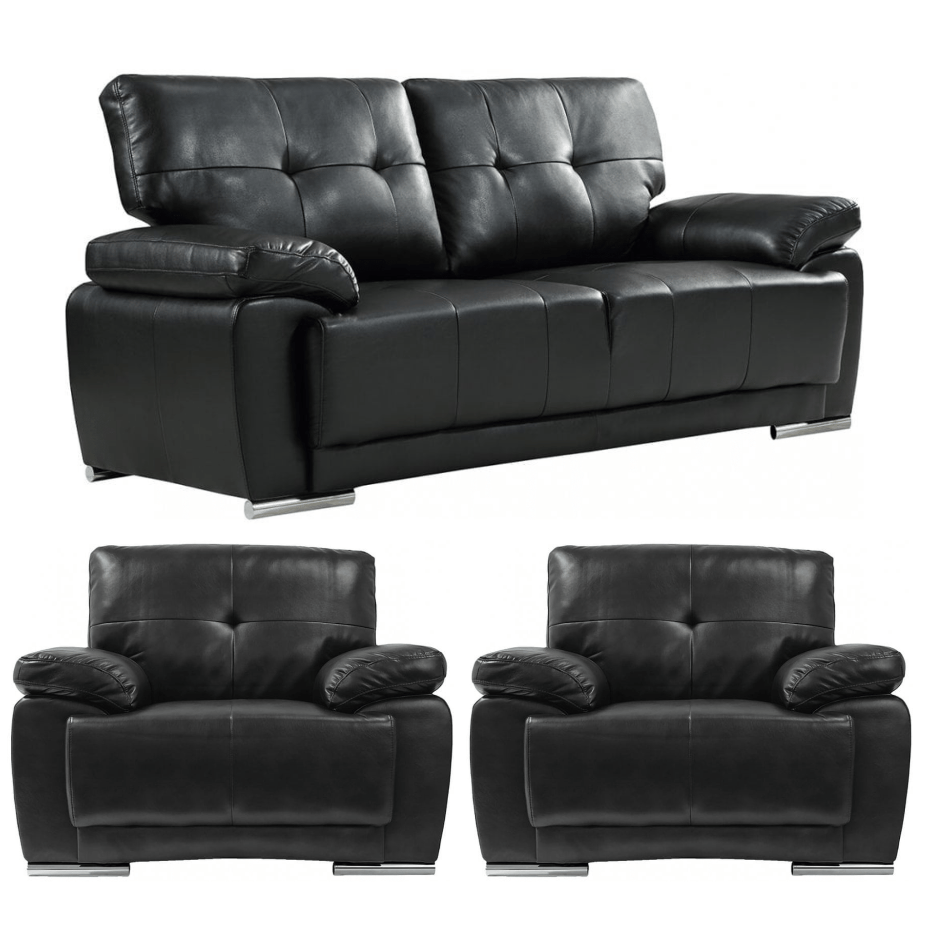 Black leather sofa set with two armchairs on a white background
