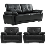 Black leather sofa set with two armchairs on a white background