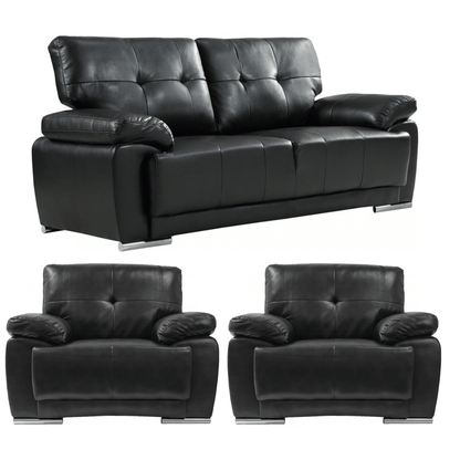 Black leather sofa set with two armchairs on a white background