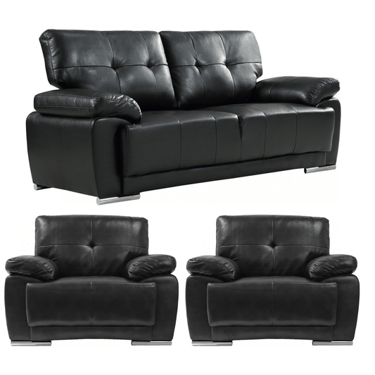 Black leather sofa set with two armchairs on a white background