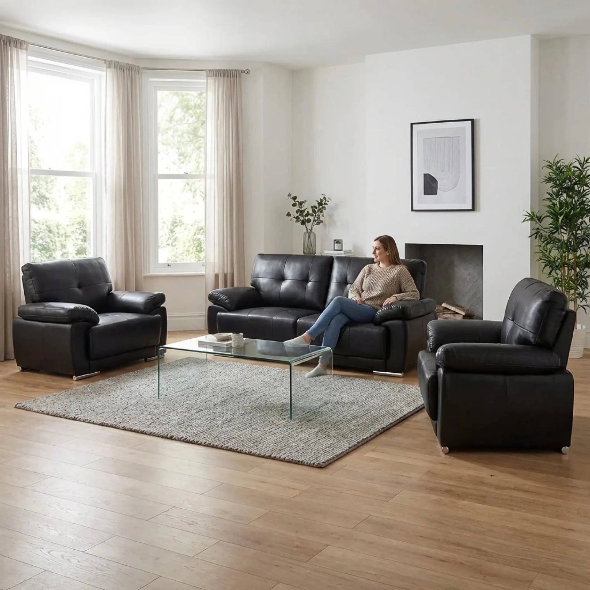 Sienna Black Leather Contemporary 3+1+1 Seater Sofa Set - Furniture Instore