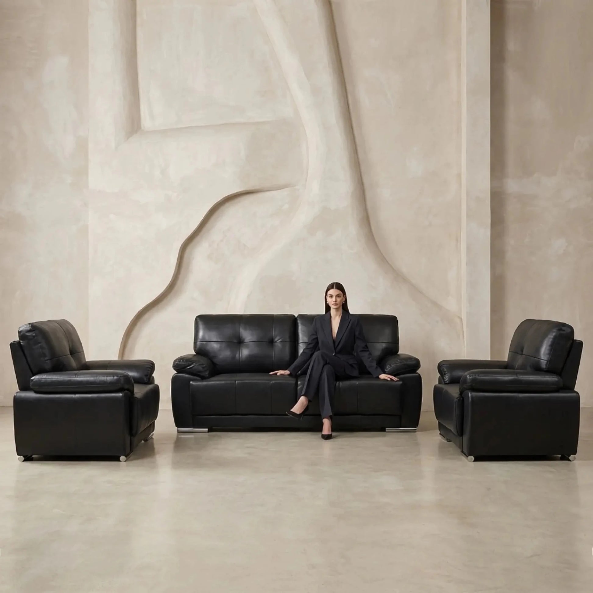 Sienna Black Leather Contemporary 3+1+1 Seater Sofa Set - Furniture Instore