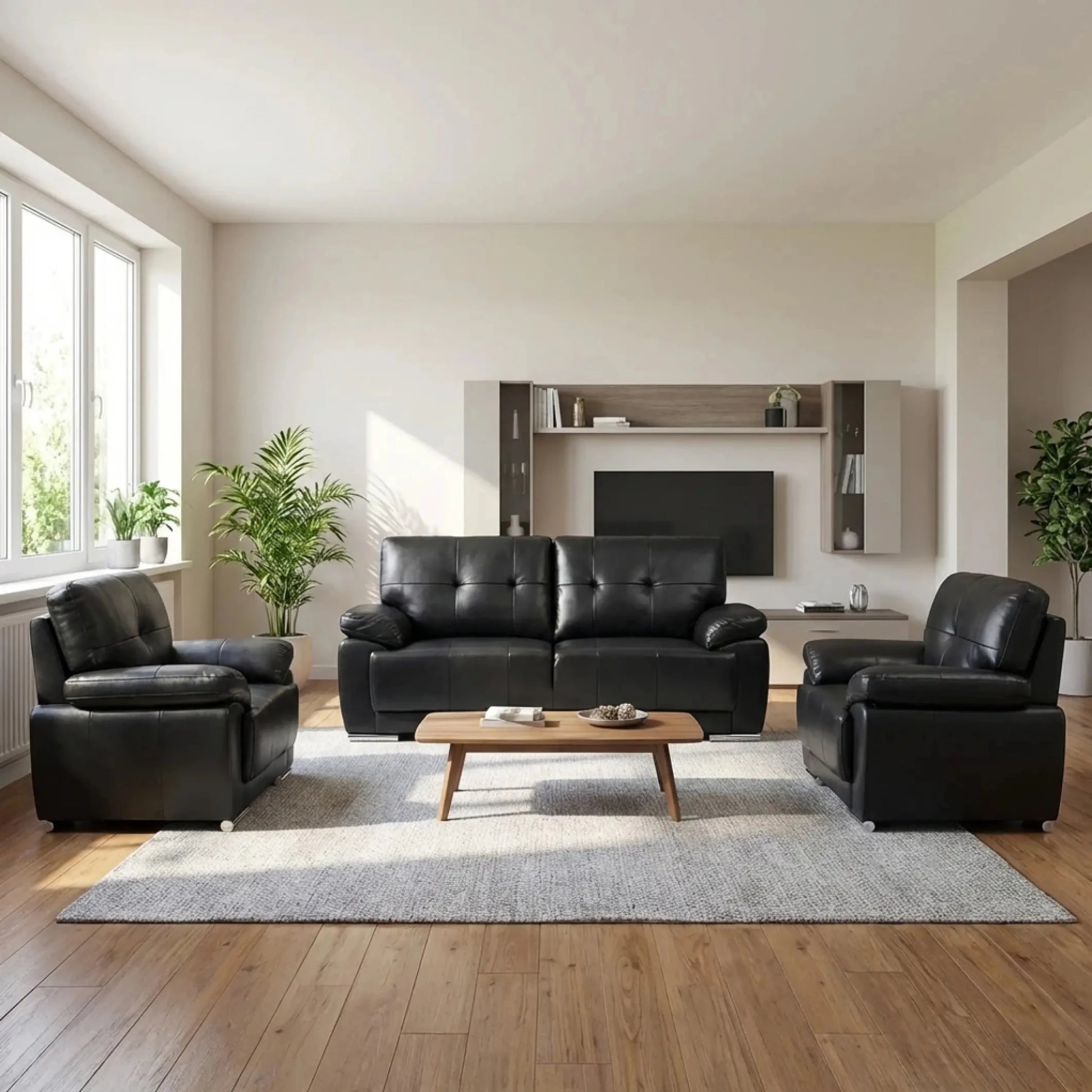 Sienna Black Leather Contemporary 3+1+1 Seater Sofa Set - Furniture Instore