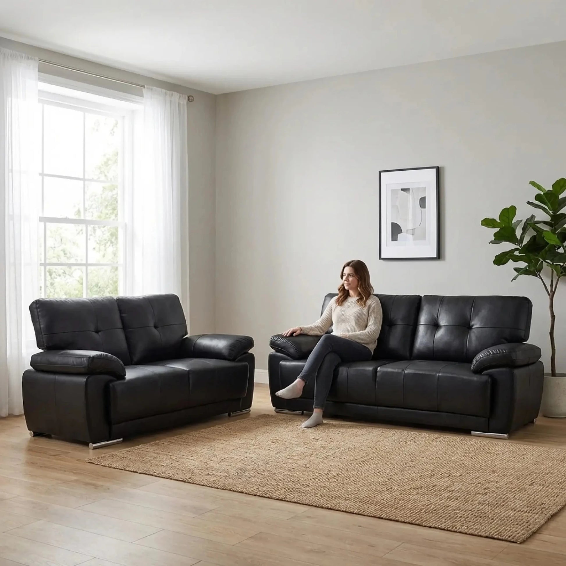 Sienna Black Leather Contemporary 3+2 Seater Sofa Set - Furniture Instore