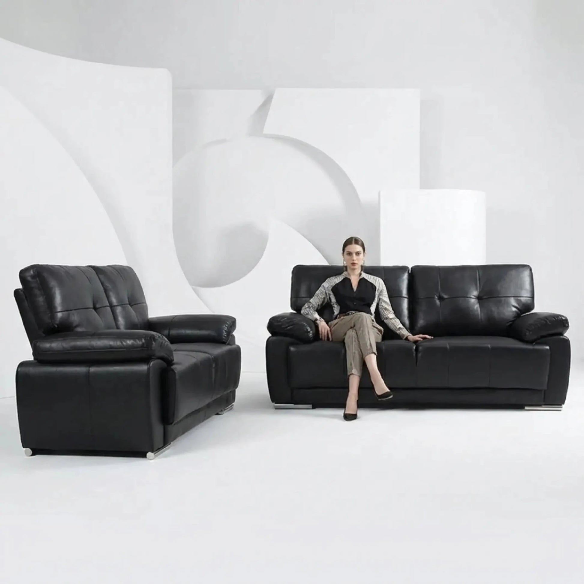 Sienna Black Leather Contemporary 3+2 Seater Sofa Set - Furniture Instore