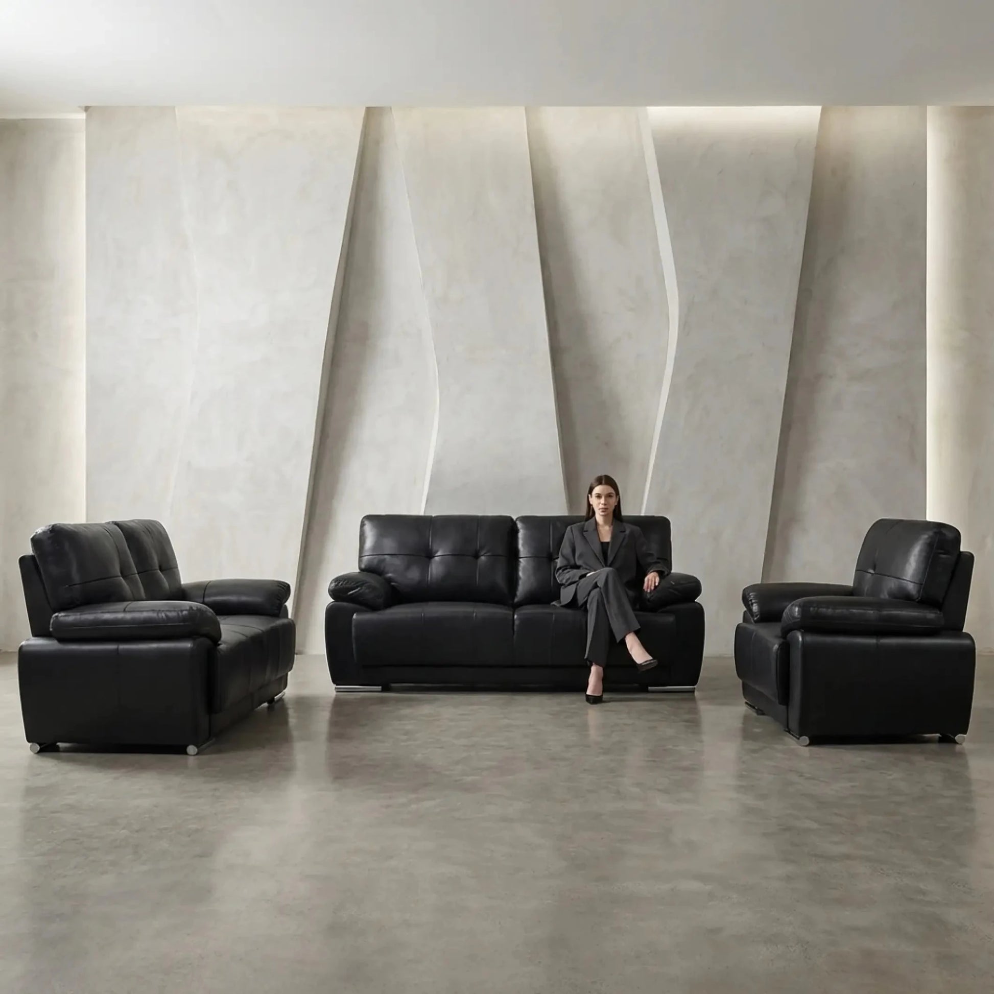 Sienna Black Leather Contemporary 3+2+1 Seater Sofa Set - Furniture Instore