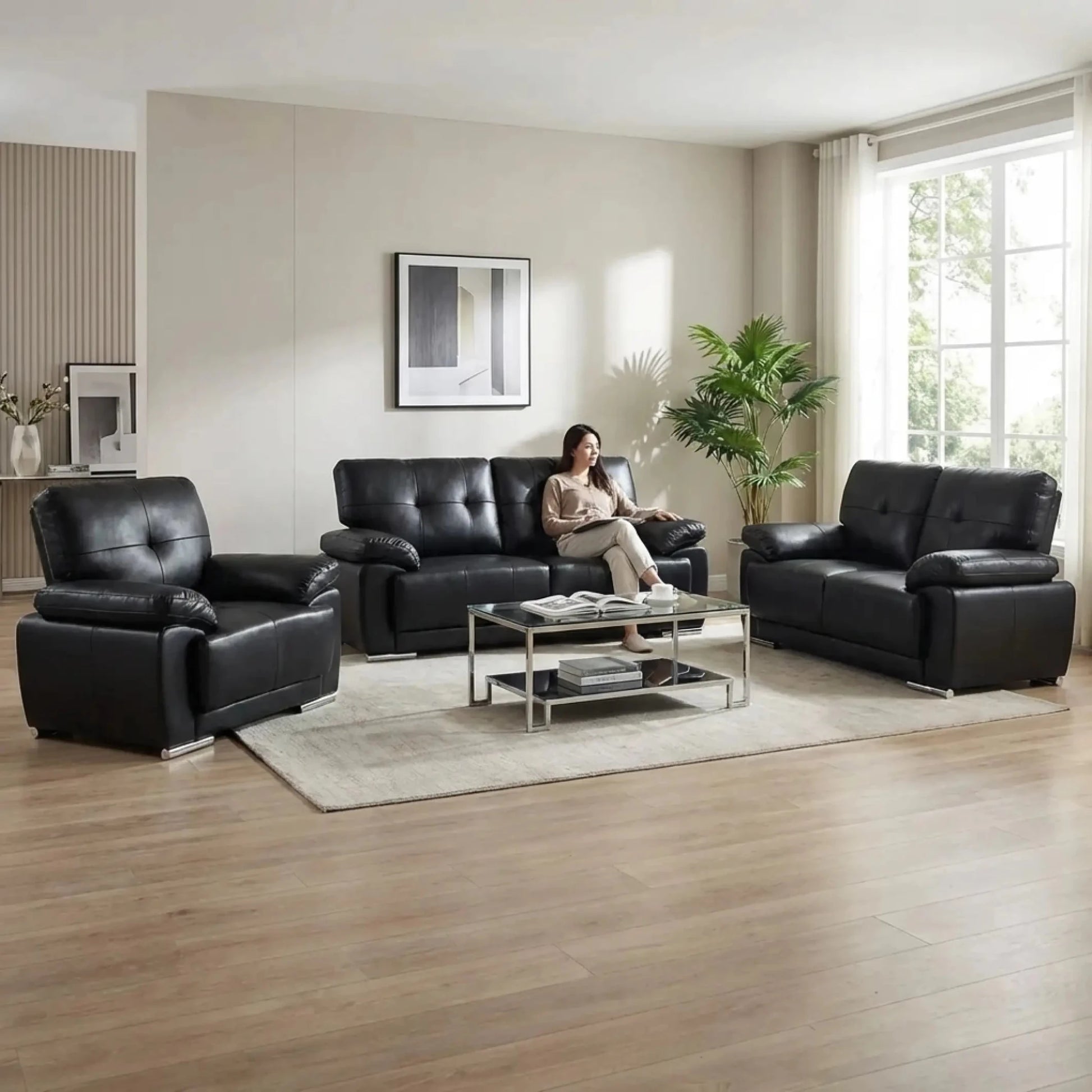 Sienna Black Leather Contemporary 3+2+1 Seater Sofa Set - Furniture Instore