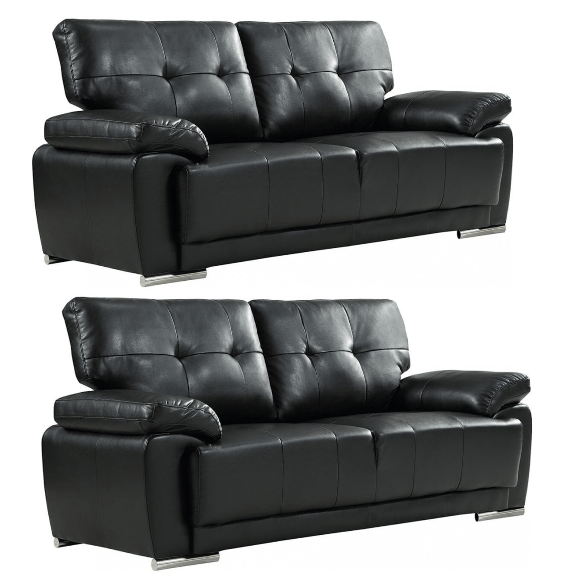 Two black leather sofas on a white background