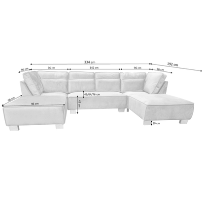 White sectional sofa with dimensions labeled on a white background