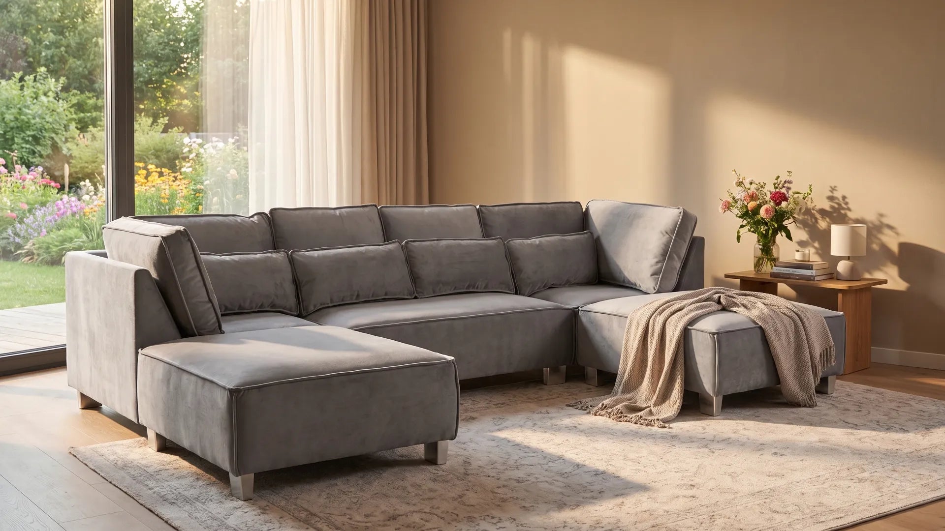Sloane U Shape Grey Velvet Corner Sofa - Furniture Instore