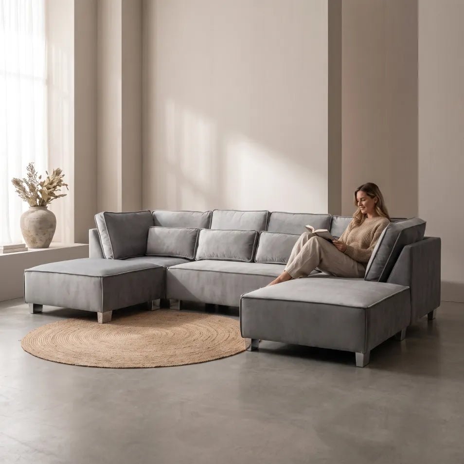 Sloane U Shape Grey Velvet Corner Sofa - Furniture Instore