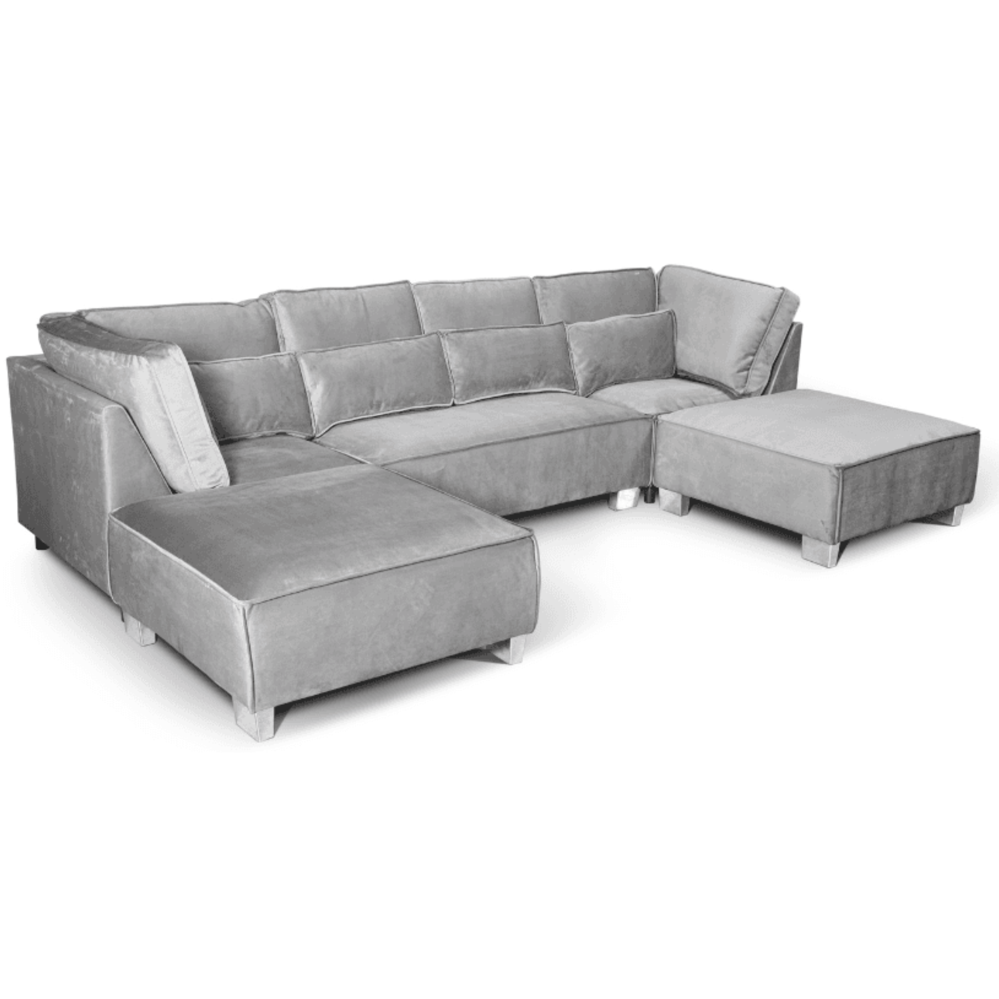 Gray sectional sofa with ottoman on a white background