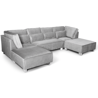 Gray sectional sofa with ottoman on a white background