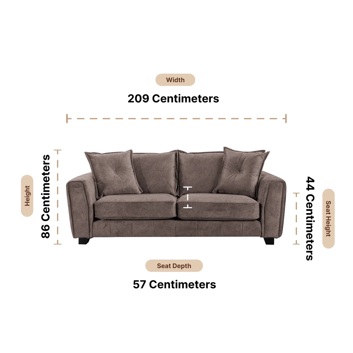 Somerford 3 Seater Chocolate Fabric Sofa Dimensions