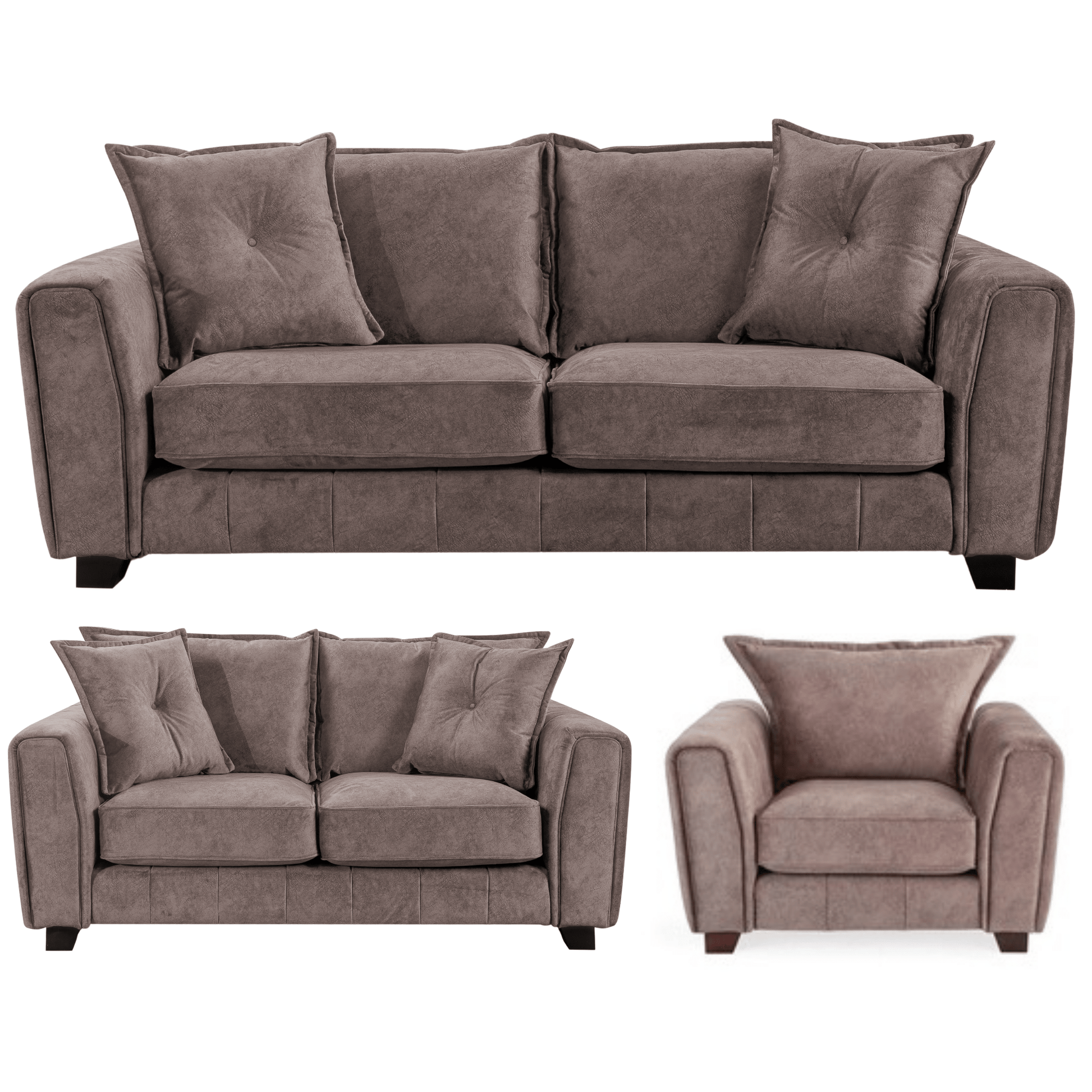 Somerford chocolate 3+2+1 sofa set, front view, modern design on white background.