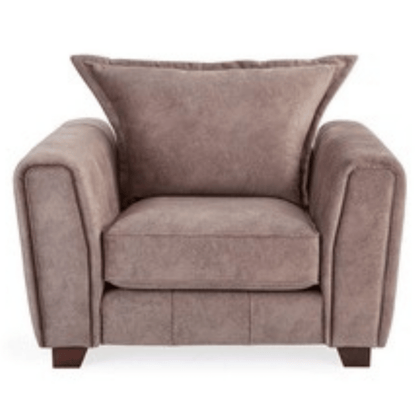 Somerford chocolate armchair with plush cushions and modern design, front-facing on a clean white background
