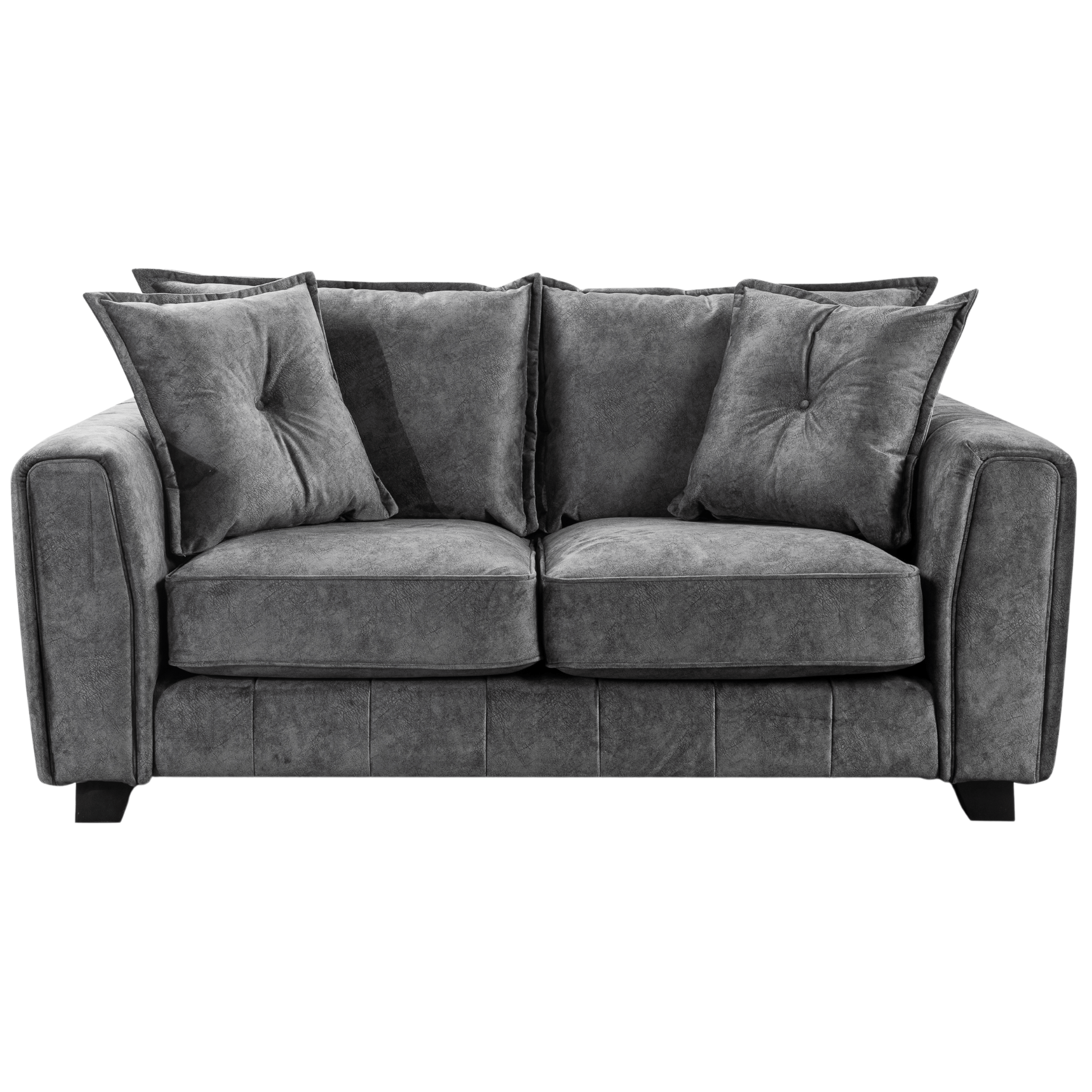 Somerford Grey 2-Seater Sofa front facing on white background, grey fabric couch with soft upholstery and sleek modern design