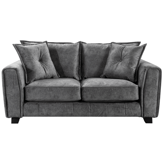 Somerford Grey 2-Seater Sofa front facing on white background, grey fabric couch with soft upholstery and sleek modern design
