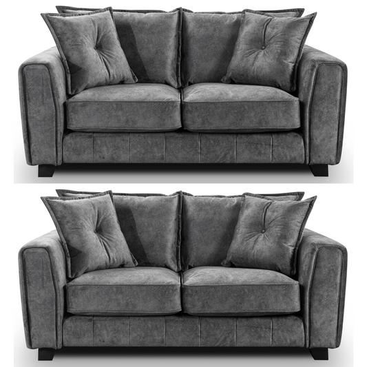 Somerford Grey 2+2 Sofa Set front facing on white background, grey fabric seating with soft upholstery and sleek contemporary design
