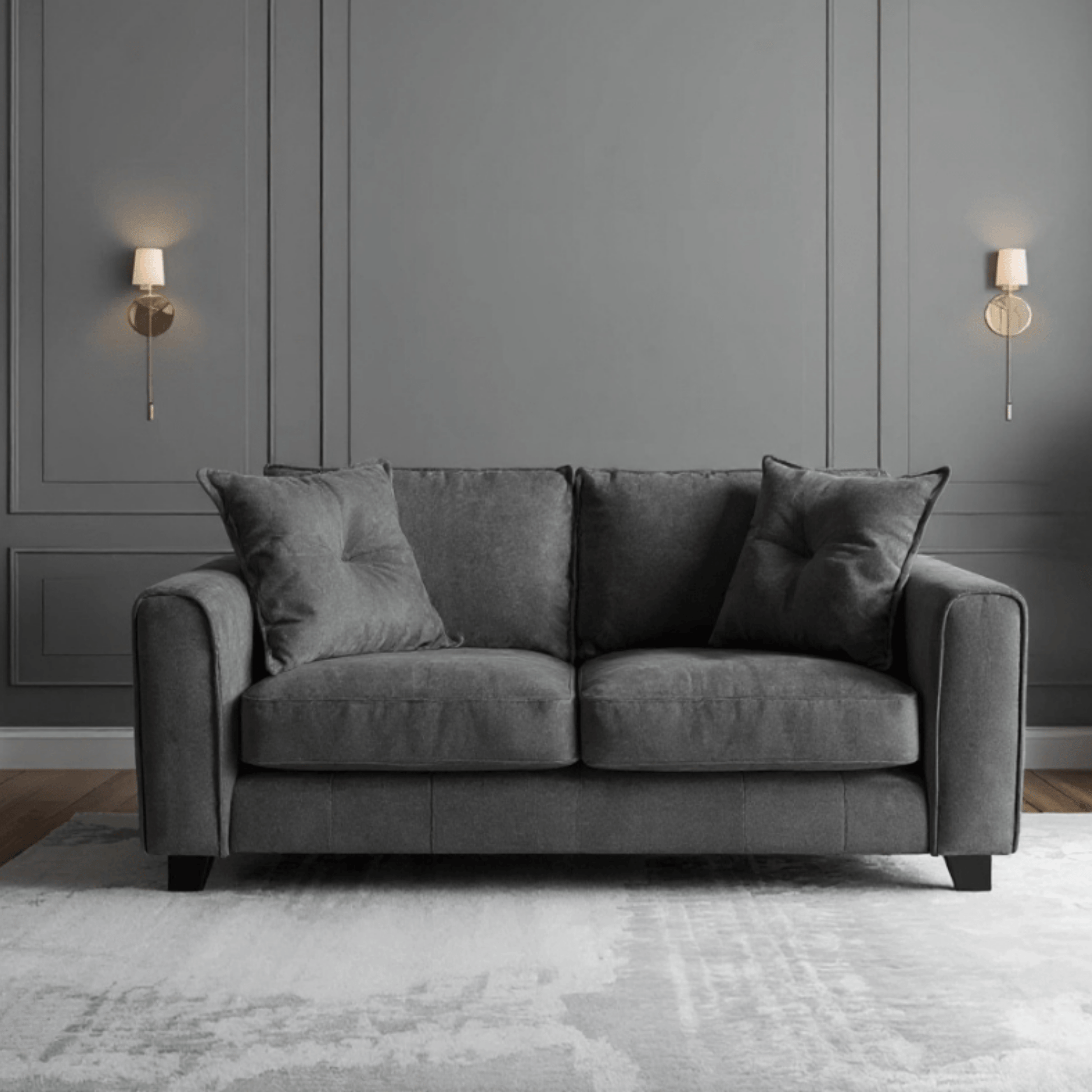 Somerford Grey 2-Seater Sofa front facing in a modern living room setting, grey fabric with soft upholstery and stylish design