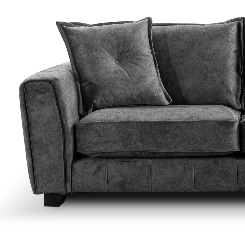 Somerford Grey 2-Seater Sofa close-up on white background, grey fabric showing upholstery detail and soft cushioning