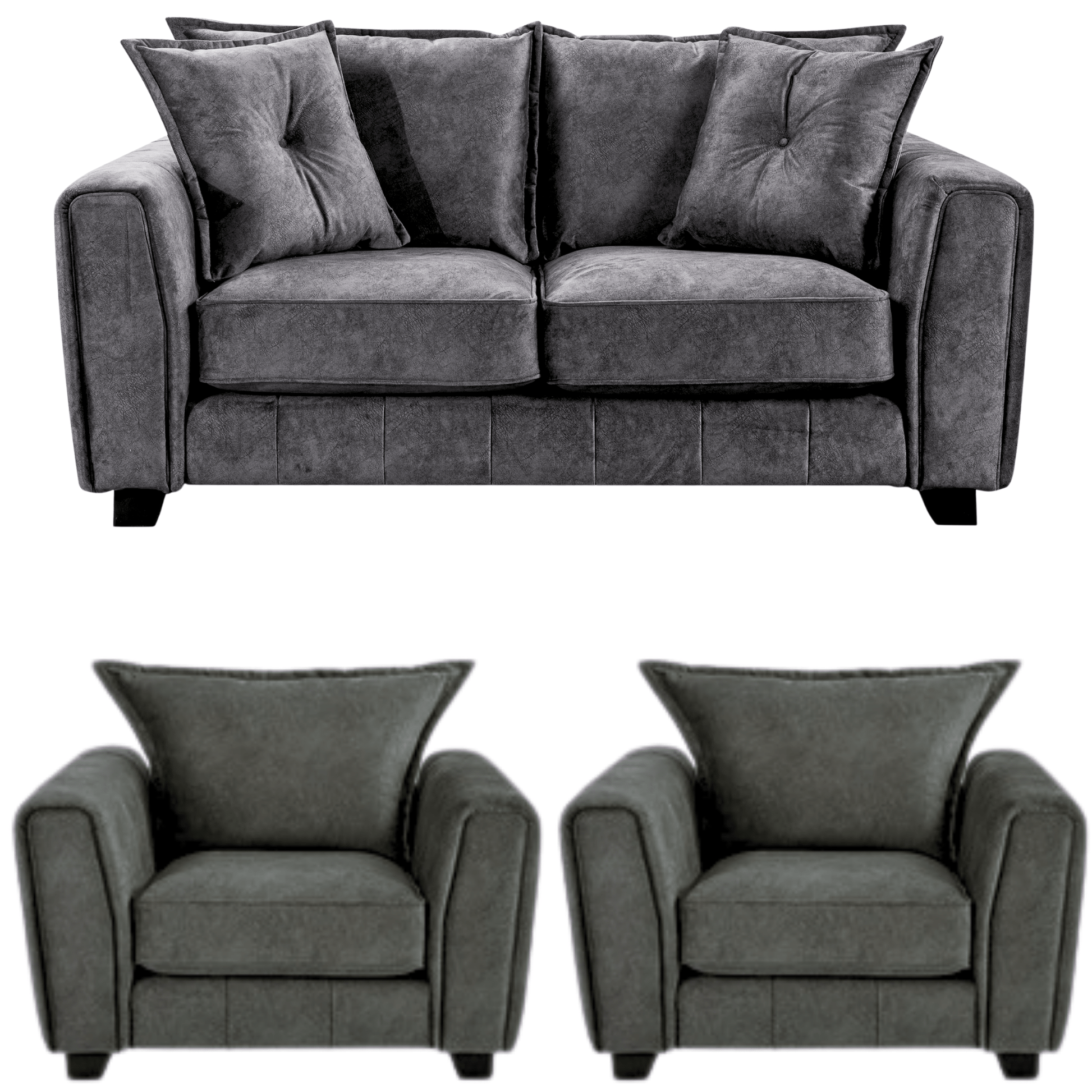 Somerford Grey 2+1+1 Sofa Set front facing on white background, grey fabric seating with soft upholstery and sleek design