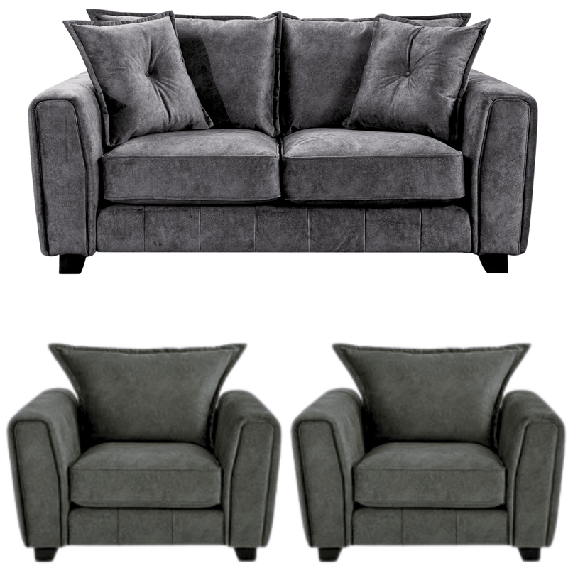 Somerford Grey 2+1+1 Sofa Set front facing on white background, grey fabric seating with soft upholstery and sleek design