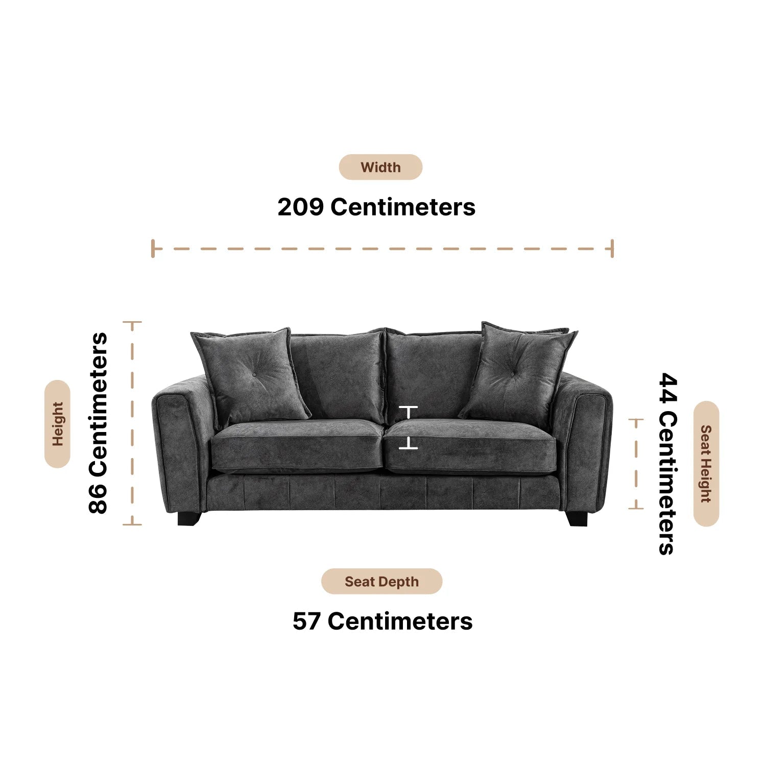 Somerford Grey Fabric 3 seater Sofa Dimensions