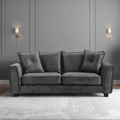 Somerford Grey 3-Seater Sofa front facing in a modern living room setting, grey fabric with soft upholstery and stylish design
