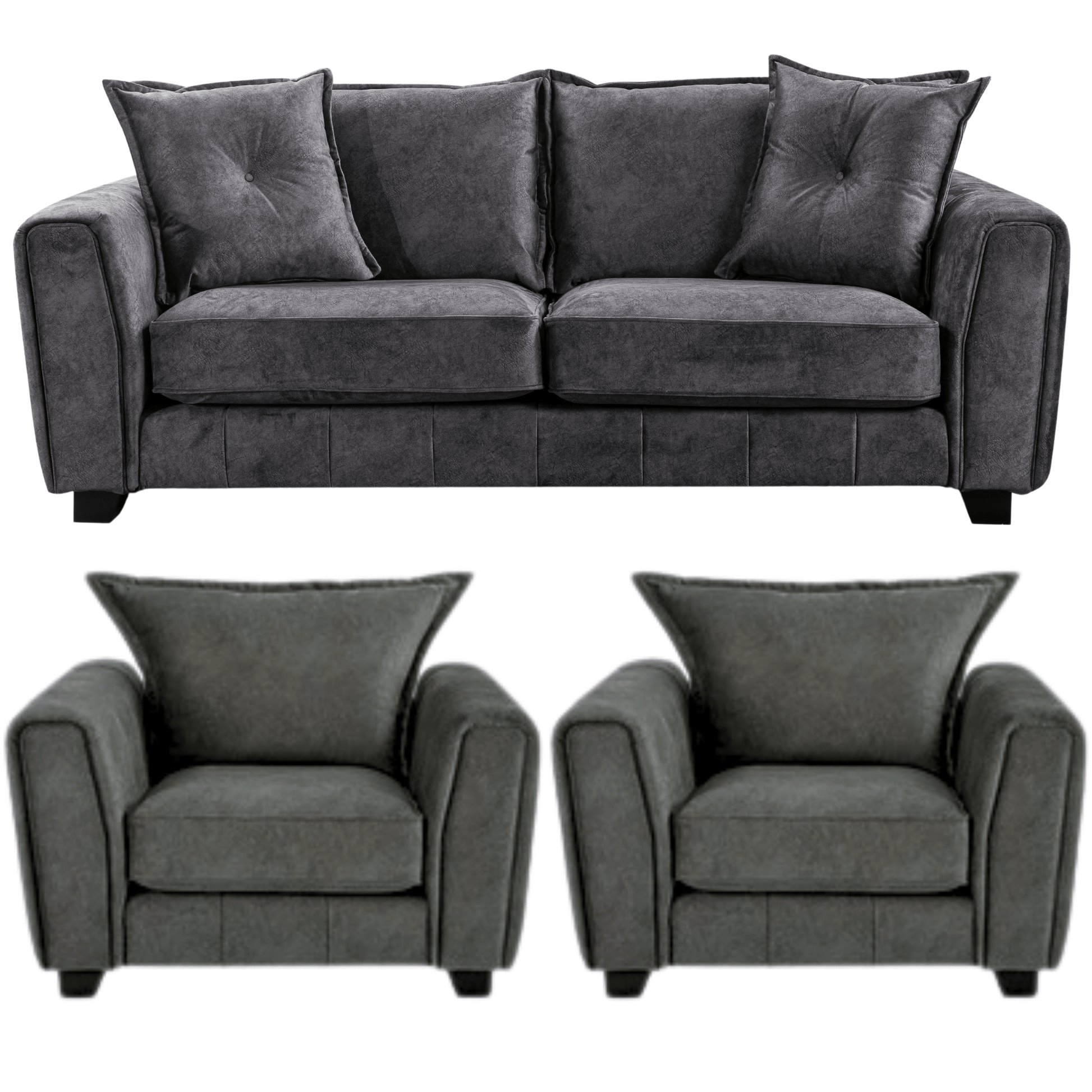 Somerford Grey 3+1+1 Sofa Set front facing on white background, grey fabric seating with soft upholstery and sleek design