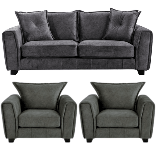 Somerford Grey 3+1+1 Sofa Set front facing on white background, grey fabric seating with soft upholstery and sleek design