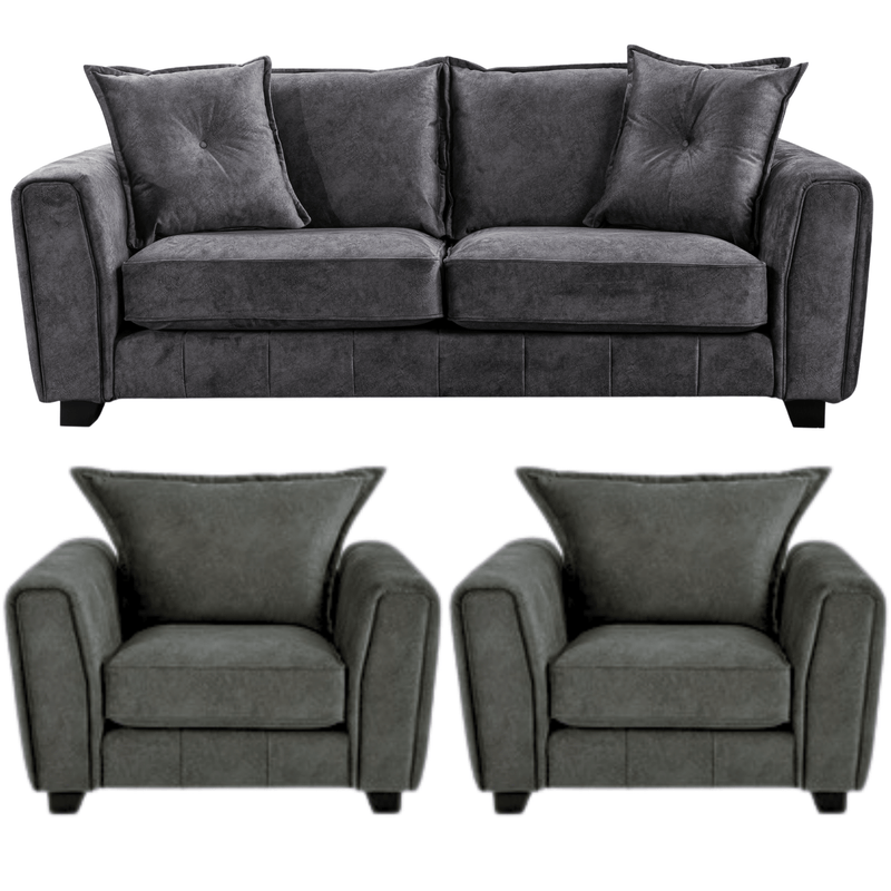 Somerford Grey 3+1+1 Sofa Set front facing on white background, grey fabric seating with soft upholstery and sleek design