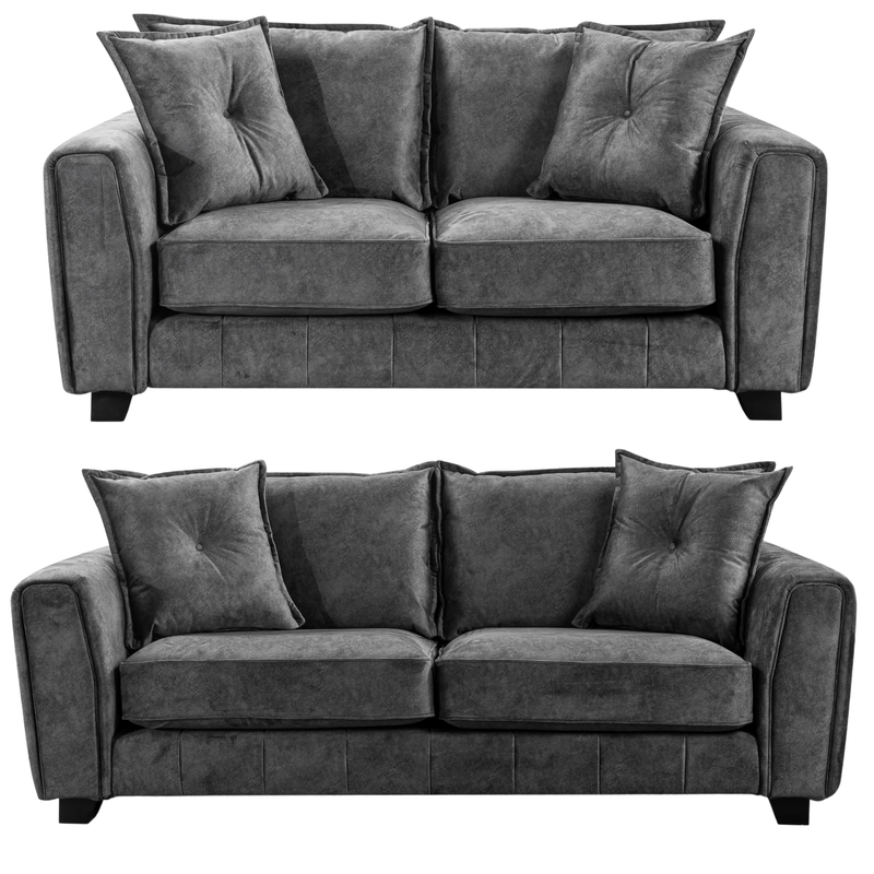 Somerford Grey 3+2 Sofa Set front facing on white background, grey fabric seating with soft upholstery and sleek contemporary design