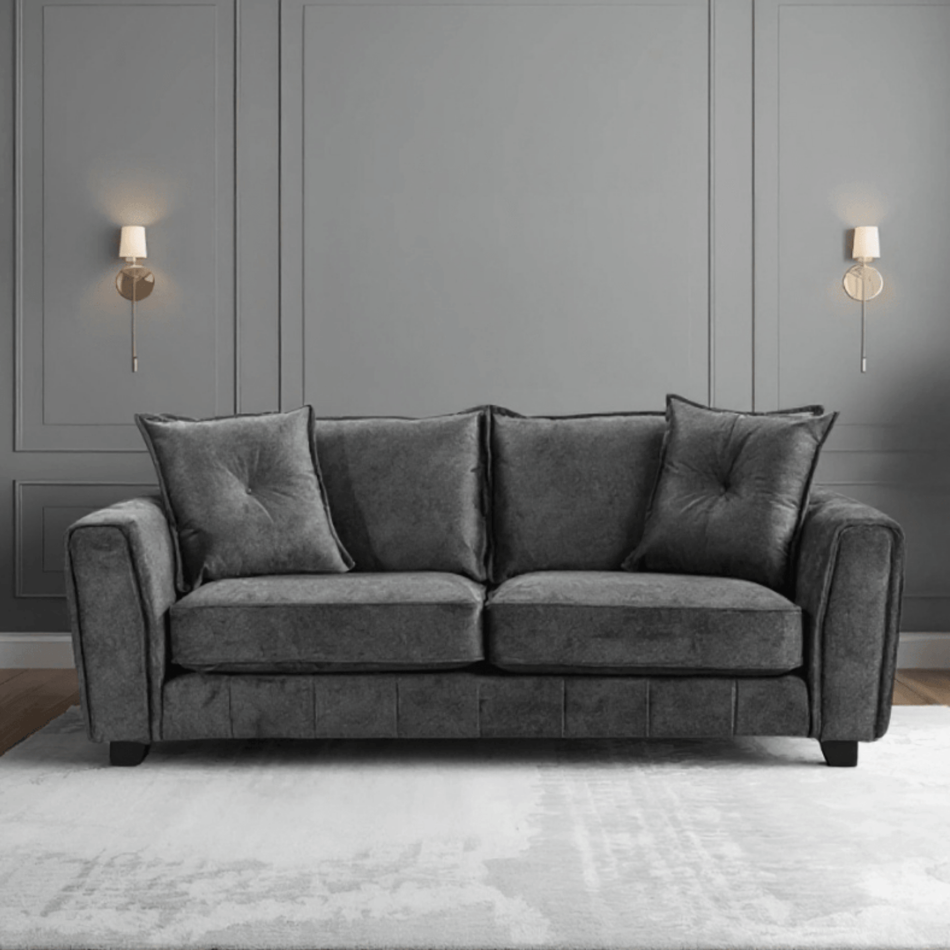 Somerford Grey 3-Seater Sofa front facing in a modern living room setting, grey fabric with soft upholstery and stylish design