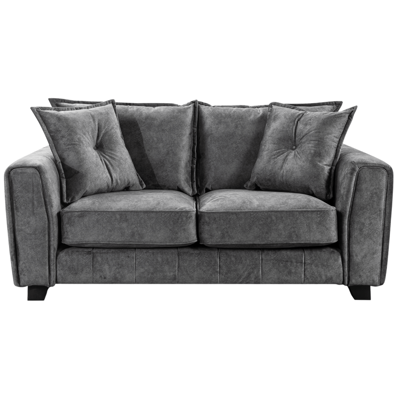 Somerford Grey 2-Seater Sofa front facing on white background, grey fabric couch with soft upholstery and sleek modern design