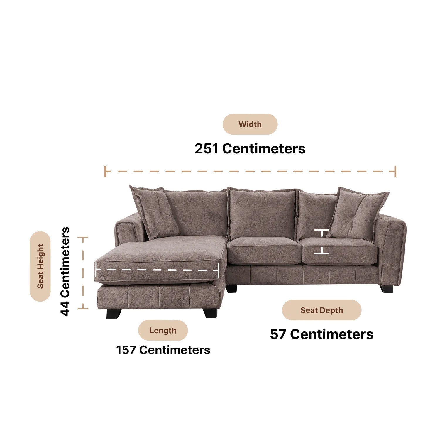 Somerford Left Hand Fabric Corner Chaise - Chocolate Dimensions