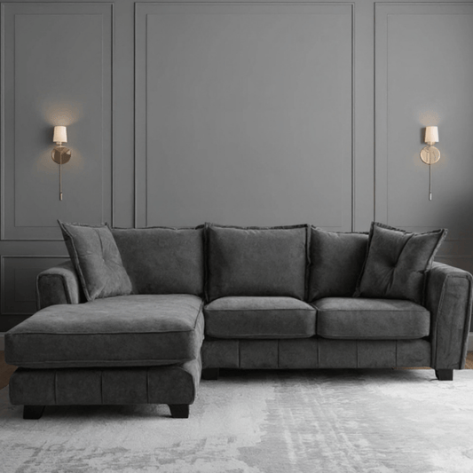 Somerford left-hand corner sofa with plush cushions and modern design, displayed in a stylish living room setting