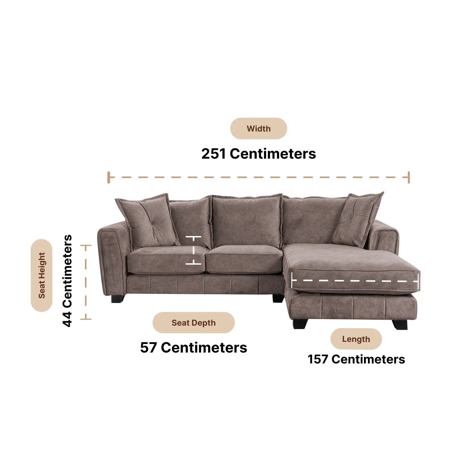 Somerford Right Hand Fabric Corner Chaise - Chocolate Dimensions