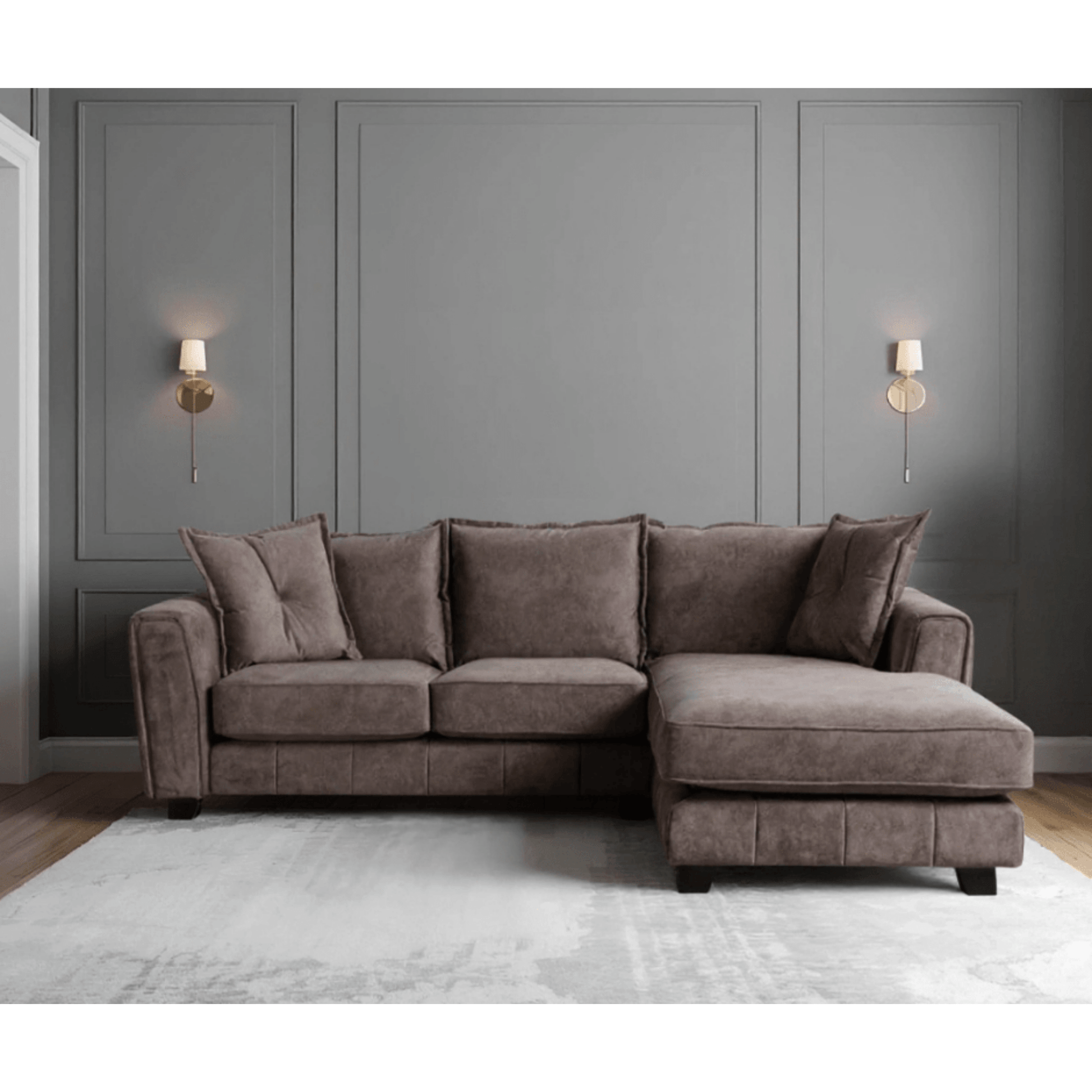 Somerford right-hand corner sofa with plush cushions and modern design, displayed in a stylish living room setting