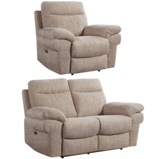 Beige recliner chair and loveseat set on a white background