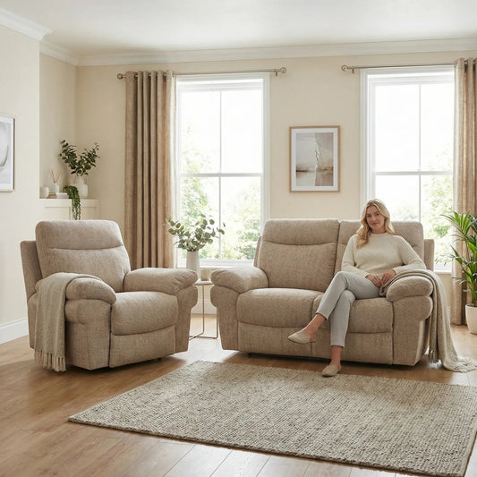 Tanya Beige Fabric Electric Recliner 2+1 Seater Sofa Set - Furniture Instore