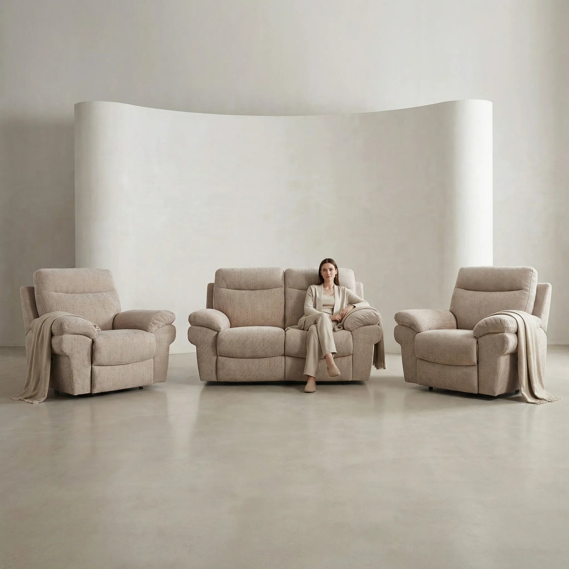Tanya Beige Fabric Electric Recliner 2+1+1 Seater Sofa Set - Furniture Instore